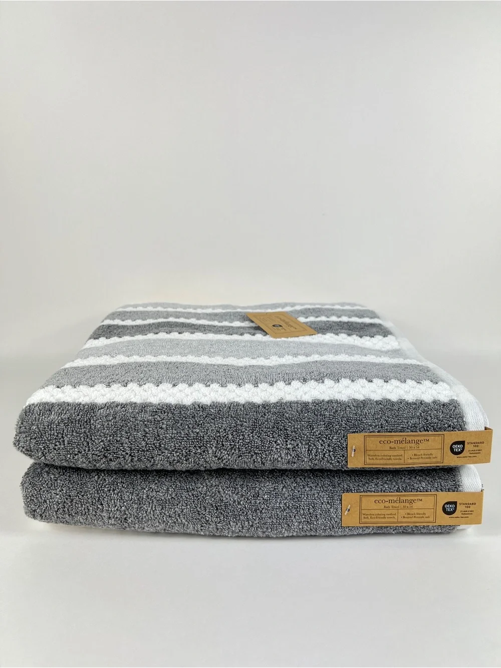 Eco Melange Bath Towels Gray White Striped Soft Plush 100% Cotton 3 Pc NEW